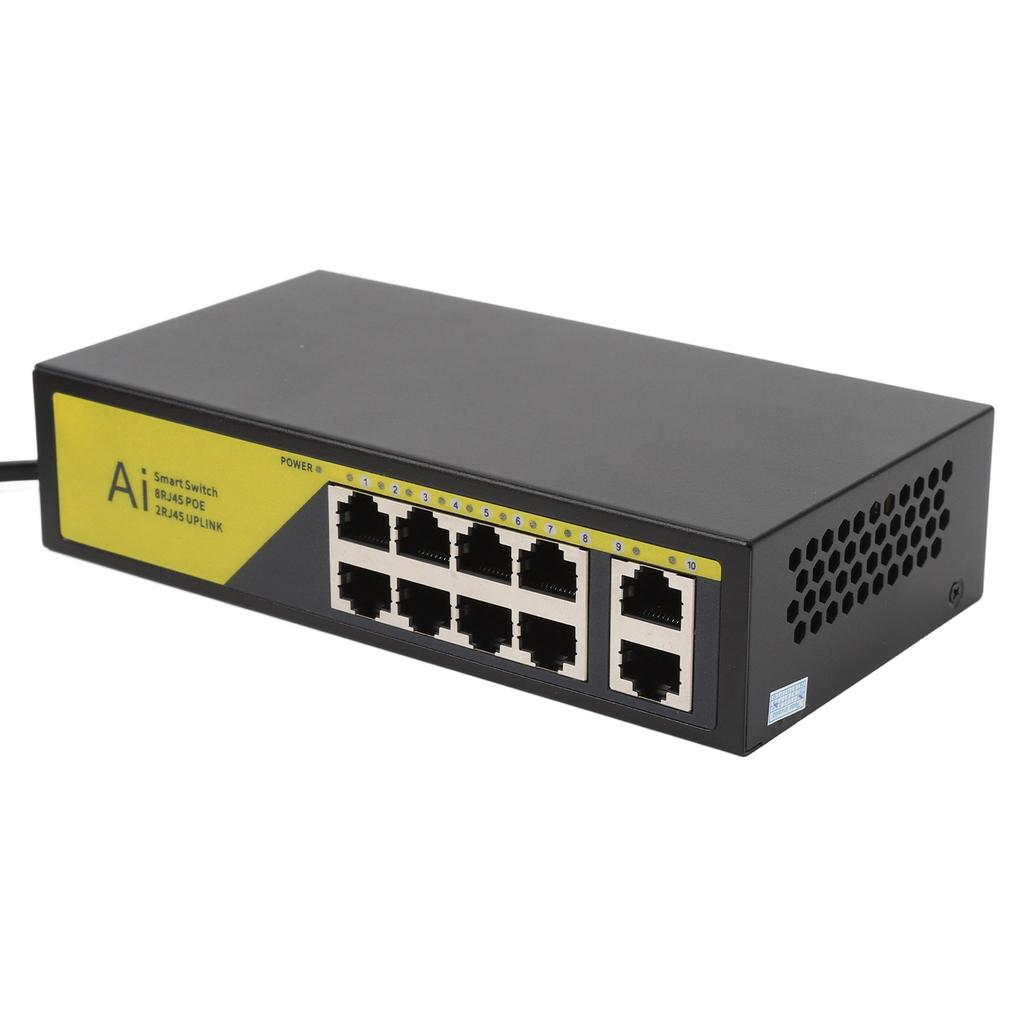 AI POE Switch 8 POE Ports and 2 Uplink 100Mbps High Speed 120W Metal Power Supply Ethernet Network Switch Extend 250M