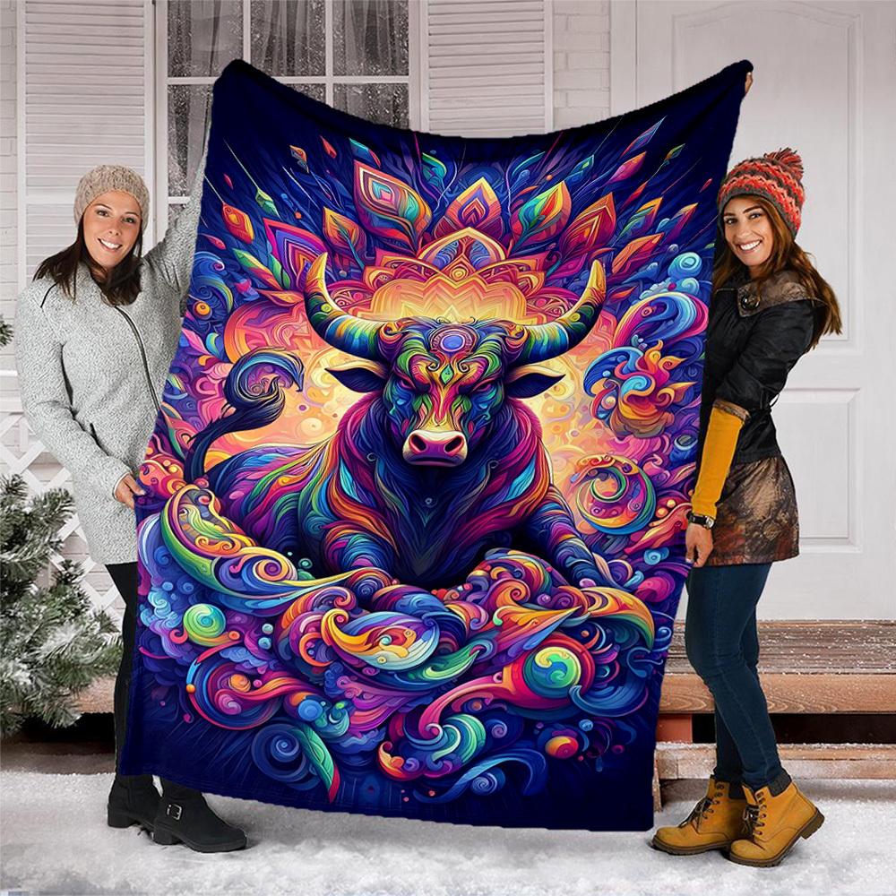 1pc Bull Artwork Throw Blanket Polyester Fiber, Lightweight Flannel, Soft & Warm, All Season Use for Outdoor, Camping Digital Print