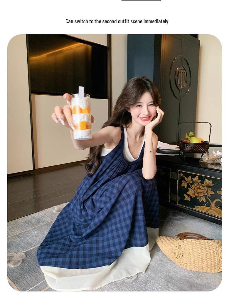 French Mori Girl Blue Plaid Spaghetti Strap Maxi Dress