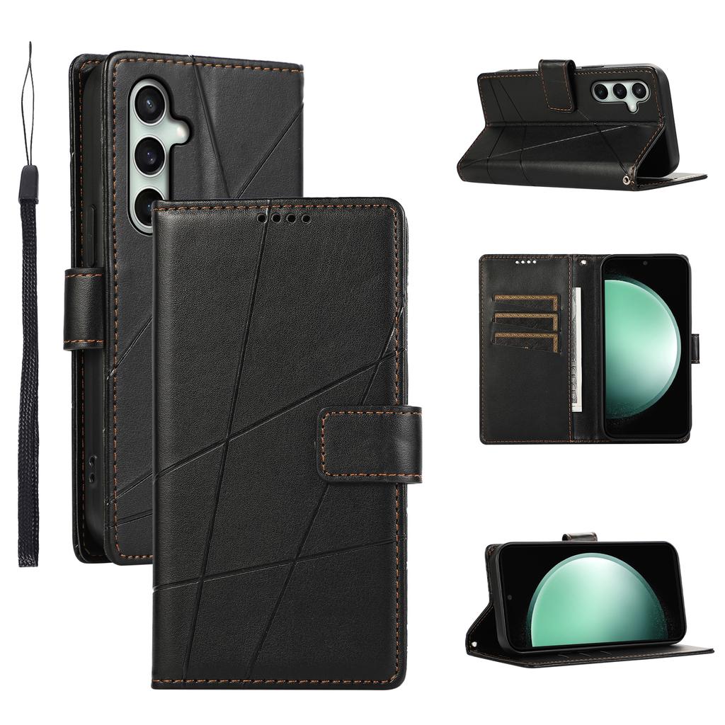 For Samsung Galaxy S25 FE Phone Case Line Imprint Leather Wallet Cover with Wrist Strap