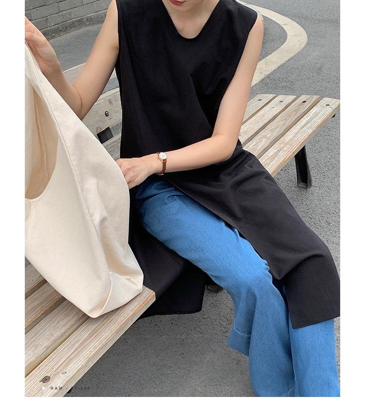 2025 Summer Sleeveless V-neck Linen Cotton Over-the-Knee Dress for Women - Solid Color, Simple Slit Design
