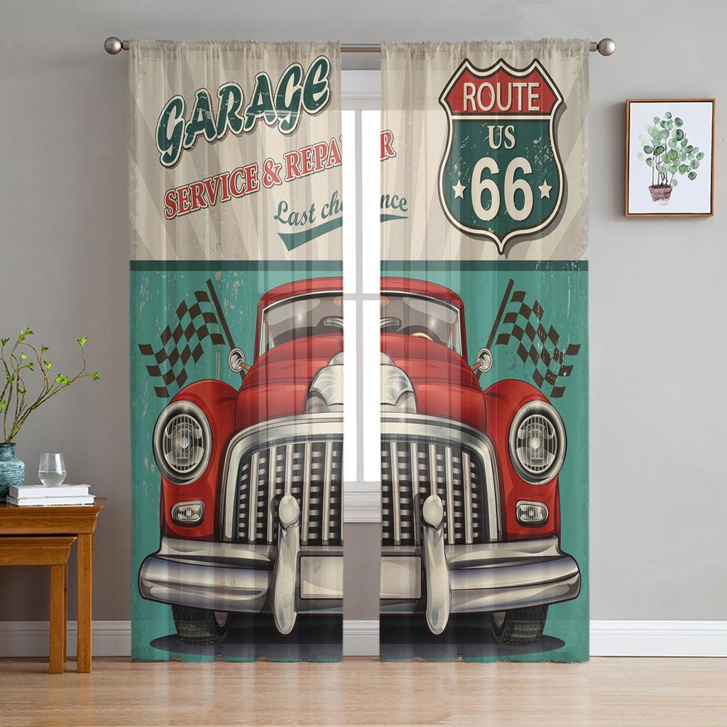 Motorcycle Highway Retro Style Chiffon Sheer Curtains for Living Room Bedroom Home Decoration Window Voiles Tulle Curtain