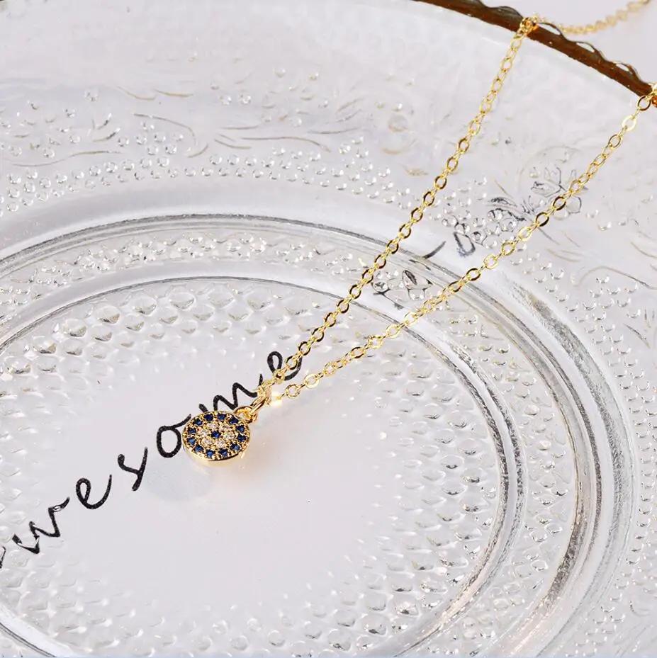 

Genuine 925 Sterling Silver Necklace Turkey Round Evil Of Eye Necklaces AAA CZ For Women Link Chain Jewelry Wedding Party Gift золотий