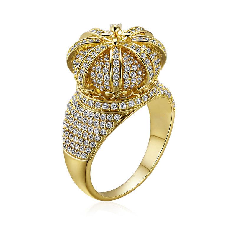Hot Selling Crown Ring in Europe and America, Men's Electroplated 18k Gold with Zircon Inlay, High-end Hip-hop Ring