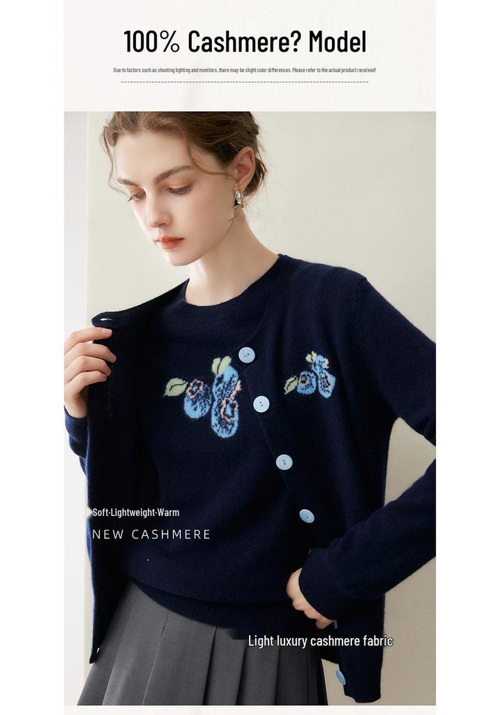 Lekasha Women's 100% Cashmere Embroidered Cardigan - Autumn/Winter Round-Neck Knit Jacket