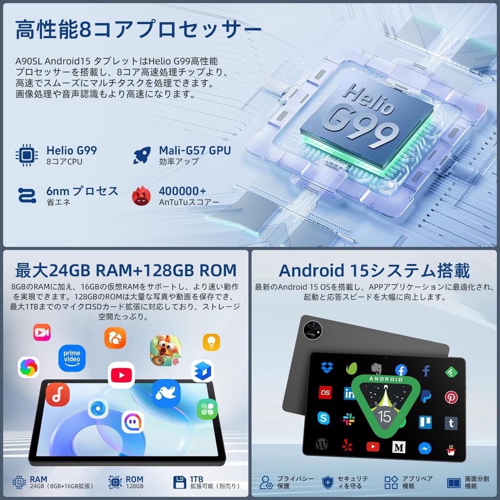 Android 15 Tablet Tabtop A90SL Tablet with Helio G99 24GB RAM 128GB Large IPS Face Wireless and Light 18W Fast 8000mAh Battery G99 11-inch 8-Core