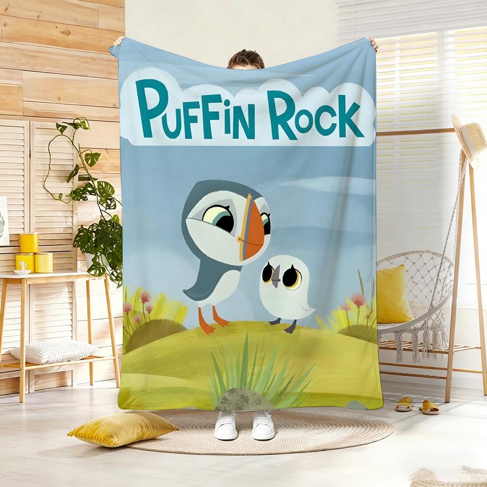 Kids Cartoon P-Puffin Rock Throw Lightweight 240g Flannel Blanket Soft Skin-friendly for Summer Cooling 75x90cm