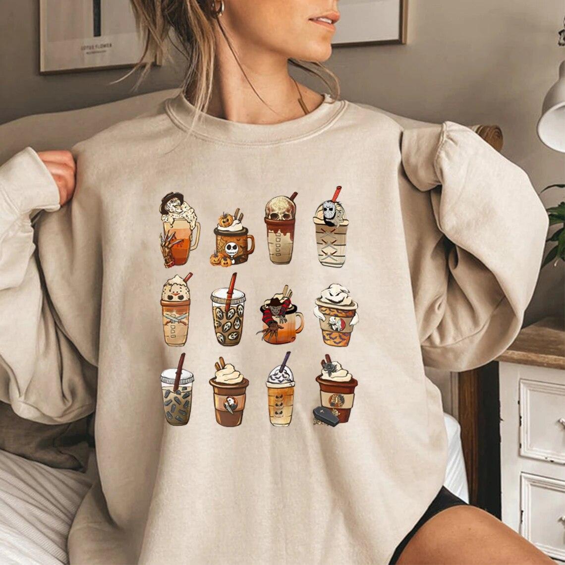 

Halloween Horror Coffee Sweatshirt Horror Movie Coffee Hoodies Women Sweatshirts Fall Coffee Hoodie Halloween Gift Pullovers Top Unisex