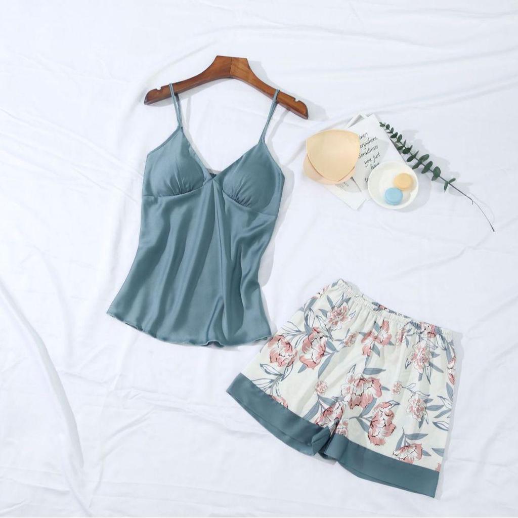 Women's Ice Silk Solid Color Two-Piece Lounge Set with Chest Pad