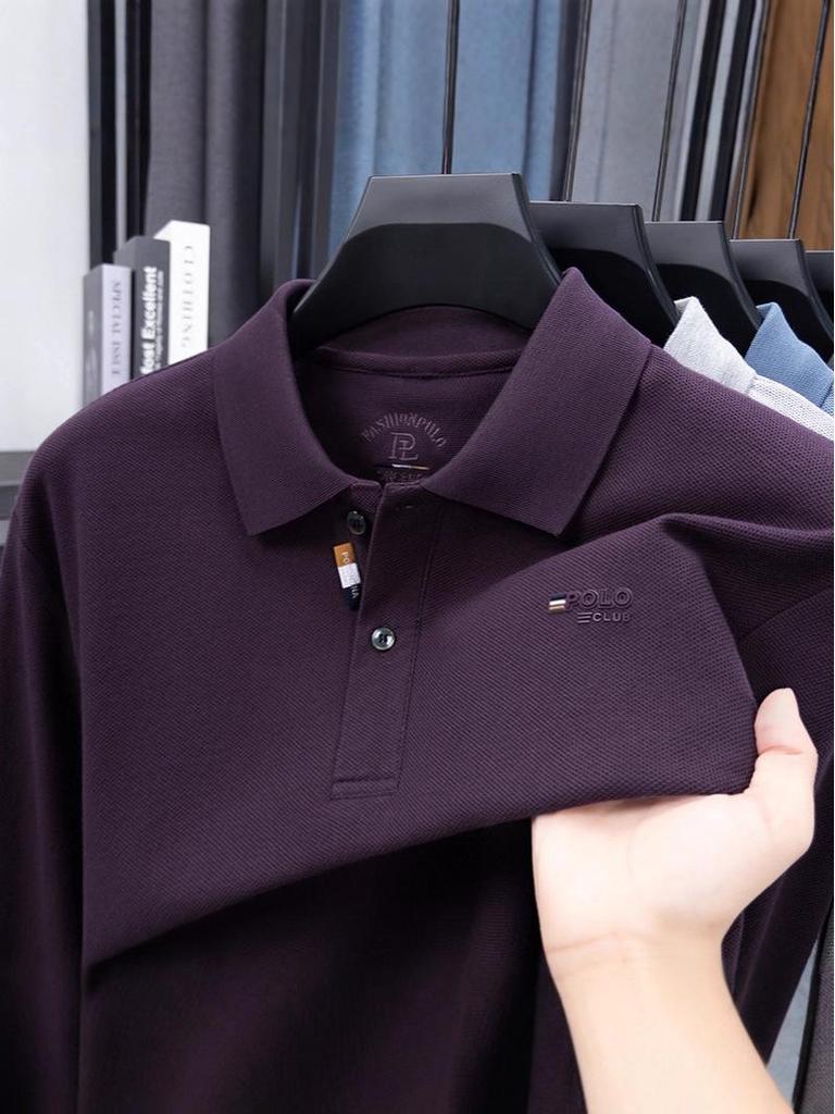 Men's Autumn Turn-Down Collar Long Sleeve Polo Shirt - Solid Color Embroidered & Loose Fit