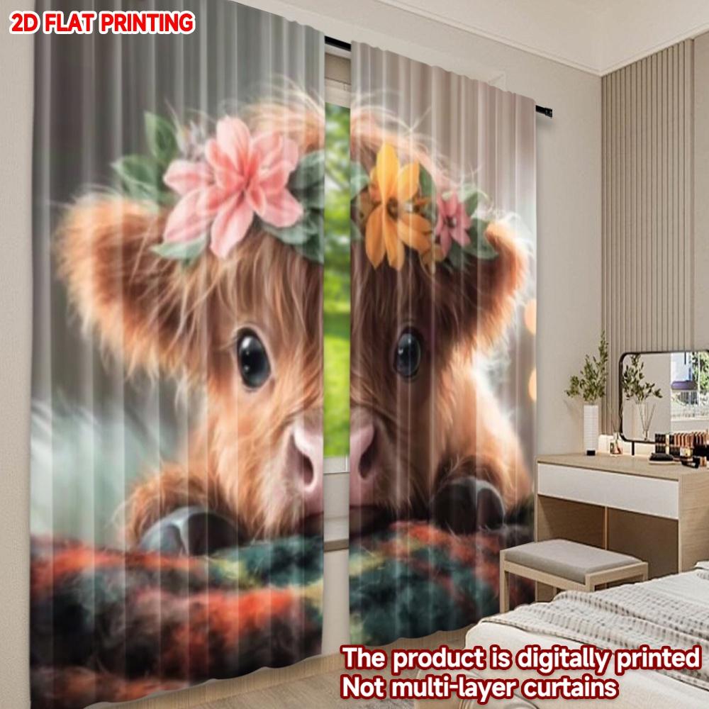 Flower Crown Cow Curtains Digital Printing Cute Blushing Pink Yellow Floral Wreath Kids Room Nursery Decor Curtain Set Of 2 Made Polyester Washable