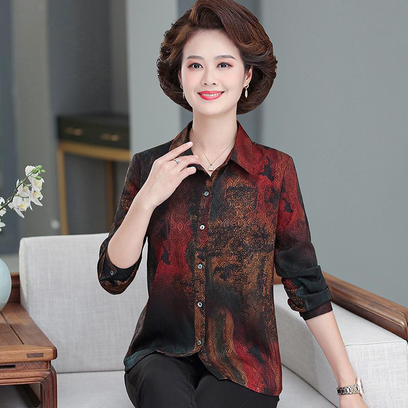 

Elegant Silk Long-Sleeve Shirt for Middle-Aged & Elderly Women - Spring/Autumn Grandma Top 5XL (73-80 kg) красный