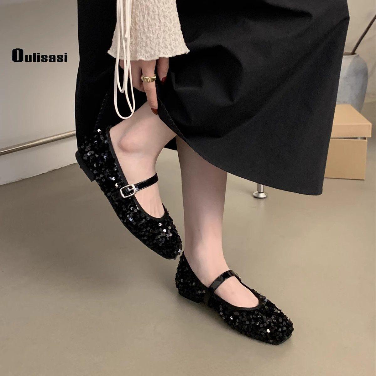 

Mary Jane shoes women s autumn 2025 new single shoes round head sequins shallow mouth buckle flat women s shoes spot 40 чёрный