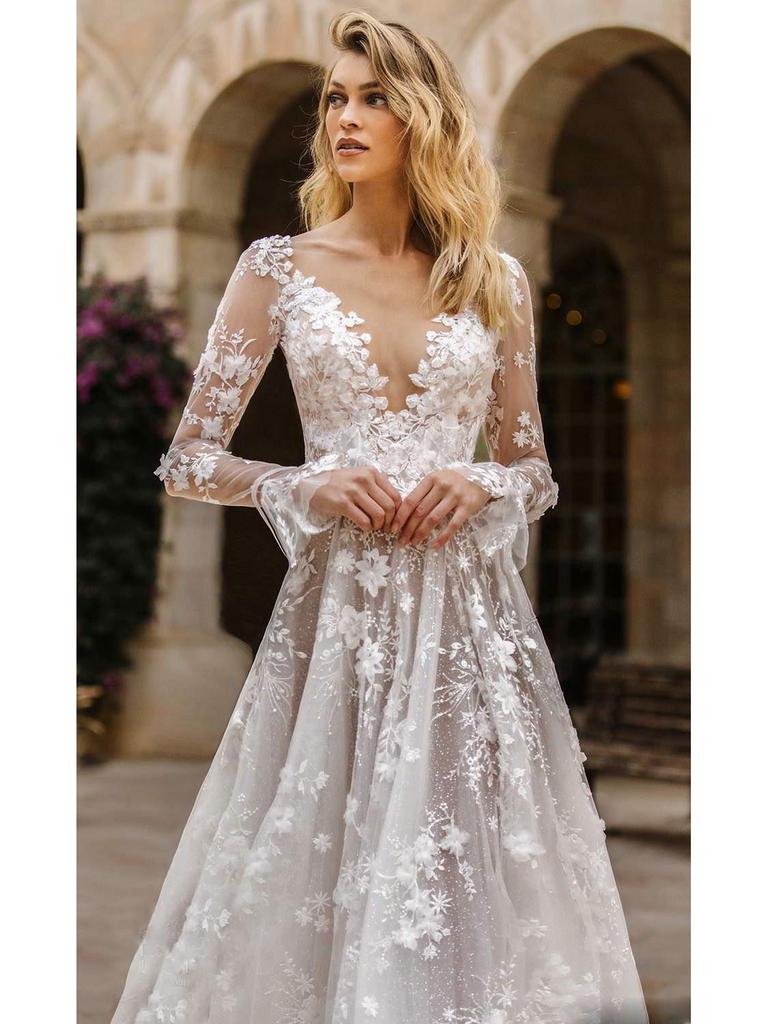 Abito da Sera da Matrimonio Europeo e Americano Primavera/Estate 2025 - Abito Lungo Sexy in Pizzo con Maniche Lunghe
