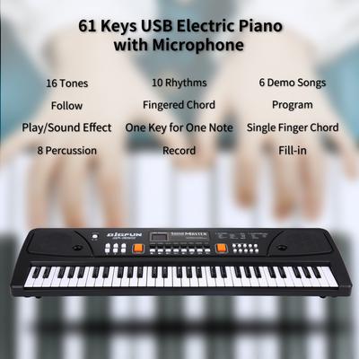 BIGFUN 61 Keys USB Electronic Organ Kids Electric Piano with Microphone Black Digital Music