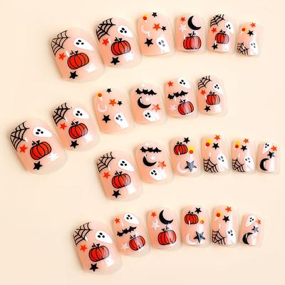 Halloweenské nalepovací nehty s roztomilým designem ducha, lesklé nahé krátké čtvercové falešné nehty, gelové halloweenské dýně, duch, netopýr, hvězda, měsíc, akrylové falešné nehty