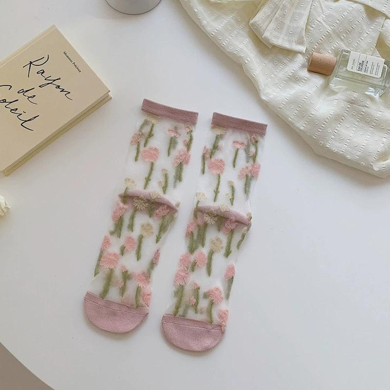1 Pair Women's France Floral Ultra-Thin Transparent Crystal Silk Socks New Sweet Cute Japanese Summer Mid-Tube Elastic Socks