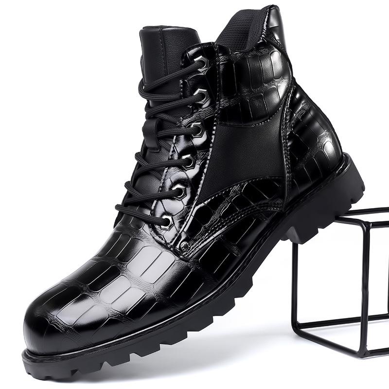 Men Shiny Mid-cut Boots Autumn Lace-up Crocodile Leather Men's Shoe Thick-soled Non-slip Motorcycle Ankle Boots Large Size 38-48