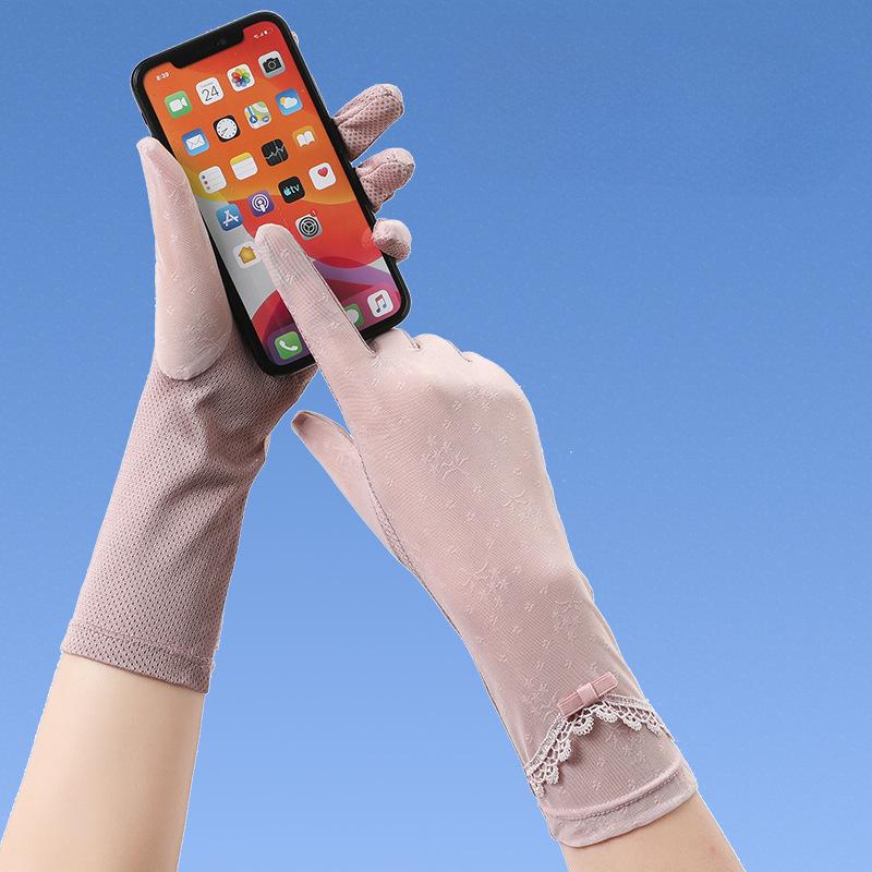 Long Ice Silk Sunscreen Gloves for Women's Light and Breathable UV Rays Outdoor Driving Anti Slip Touch Screen Lace Gloves