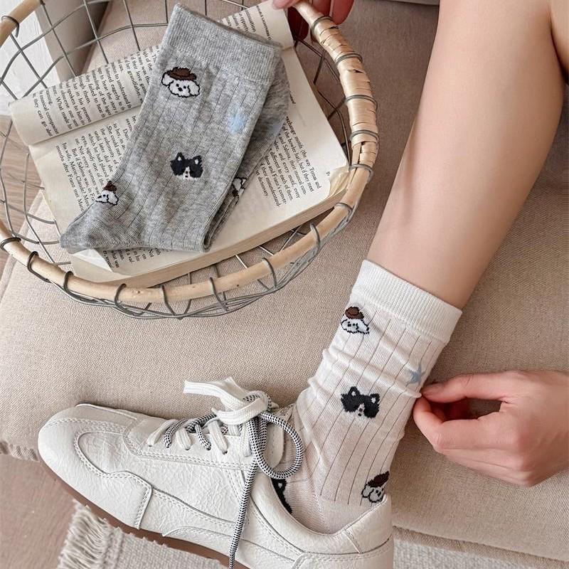 2026 Girls' Trendy Cartoon Mid-Calf Cotton Socks - Seamless, Cute, Puffy White Design
