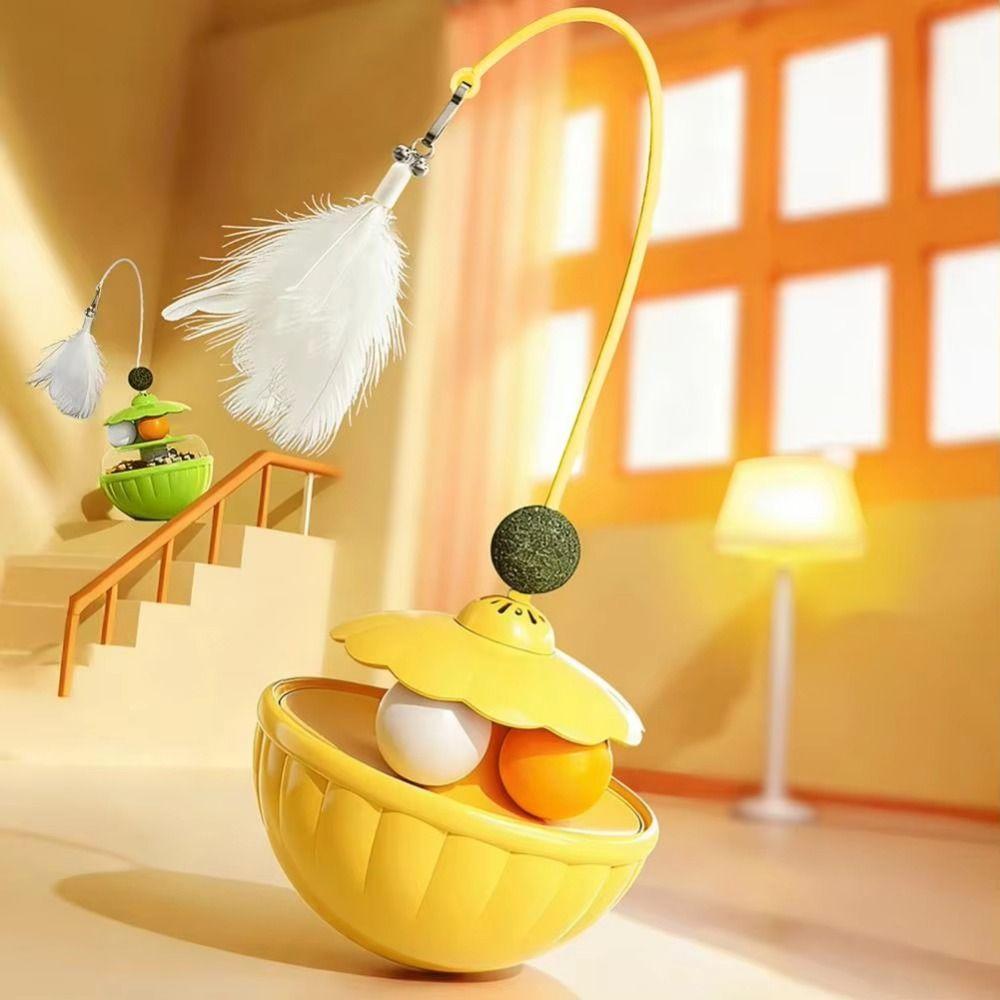 Long Pole Cat Teaser Toy With Bells Rotating Feather Wobble Puzzle Ball Pet Self Play Durable Treat Dispenser Pet Accessories