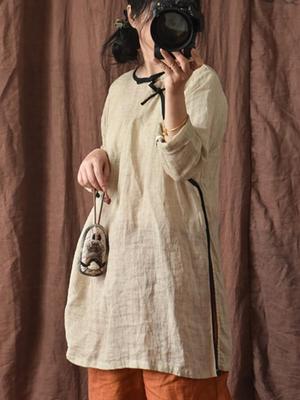 Women Vintage Shirts Tops Button Solid Color Blouses Spring Chinese Style Button Soft Women Shirts