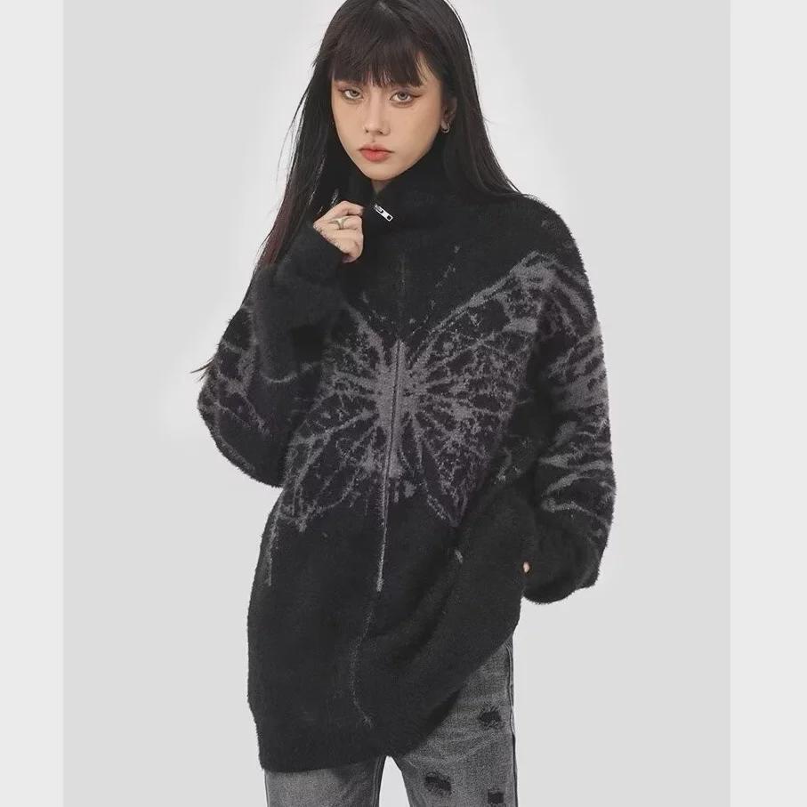 American Retro Jacquard Butterfly Stand Collar Cashmere Cardigan - Autumn/Winter Trend
