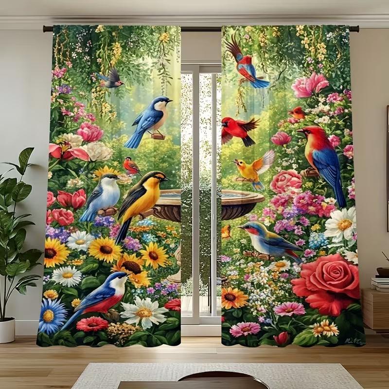 2 Pcs Spring Birds and Flowers Print Curtains,suitable for Bedroom,living Room Kitchen Decoration,home Decoration,window Decor