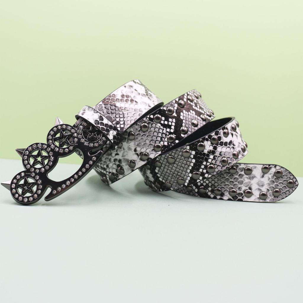 Rhinestone Tiger Claw Buckle Belt - Y2K Punk Rivet Women's Snake Skin Belt