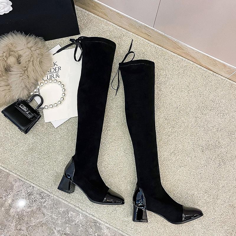 

Женские сапоги на высоком каблуке осень и зима новые толстый каблук простые и удобные большой размер колено эластичные сапоги 48 чёрный