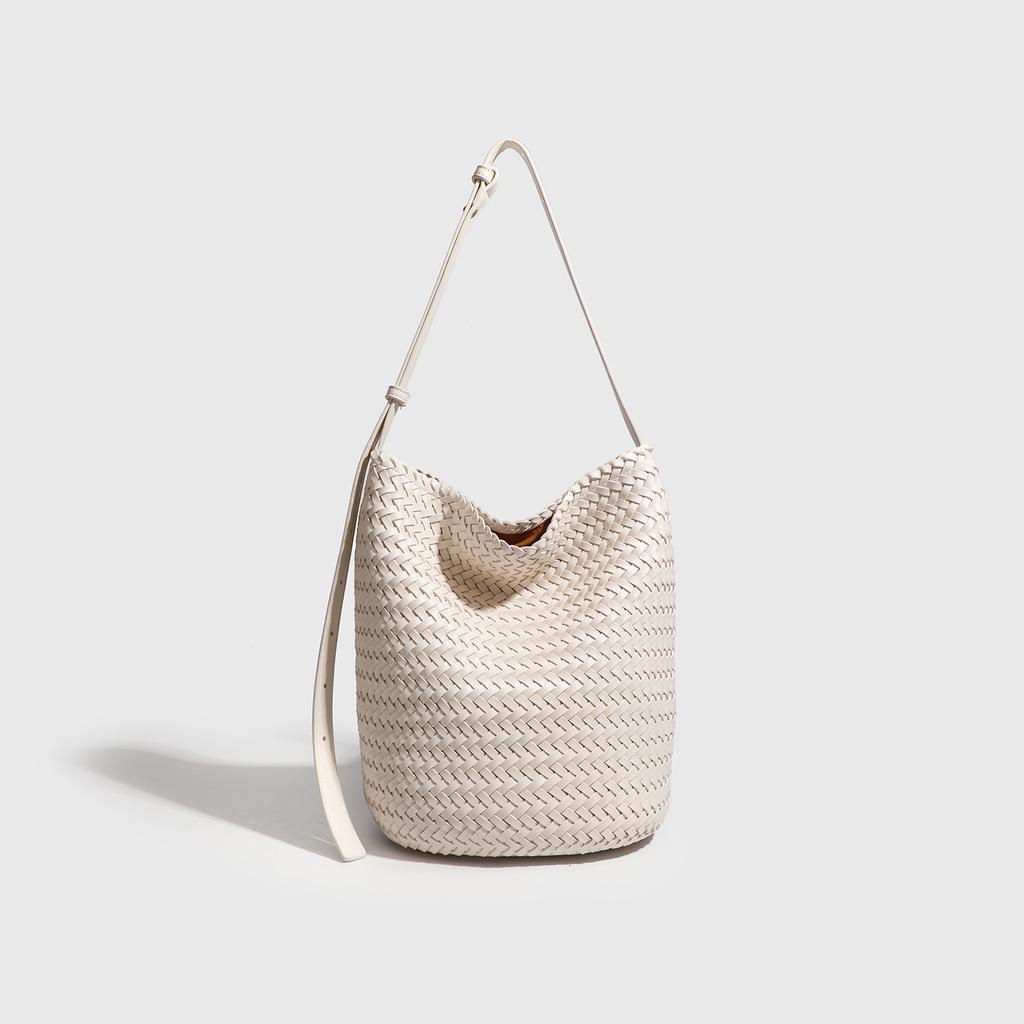 Borsa intrecciata a mano in pelle di mucca, Borsa a secchiello da donna di grande capacità, Borsa a tracolla crossbody casual per le vacanze