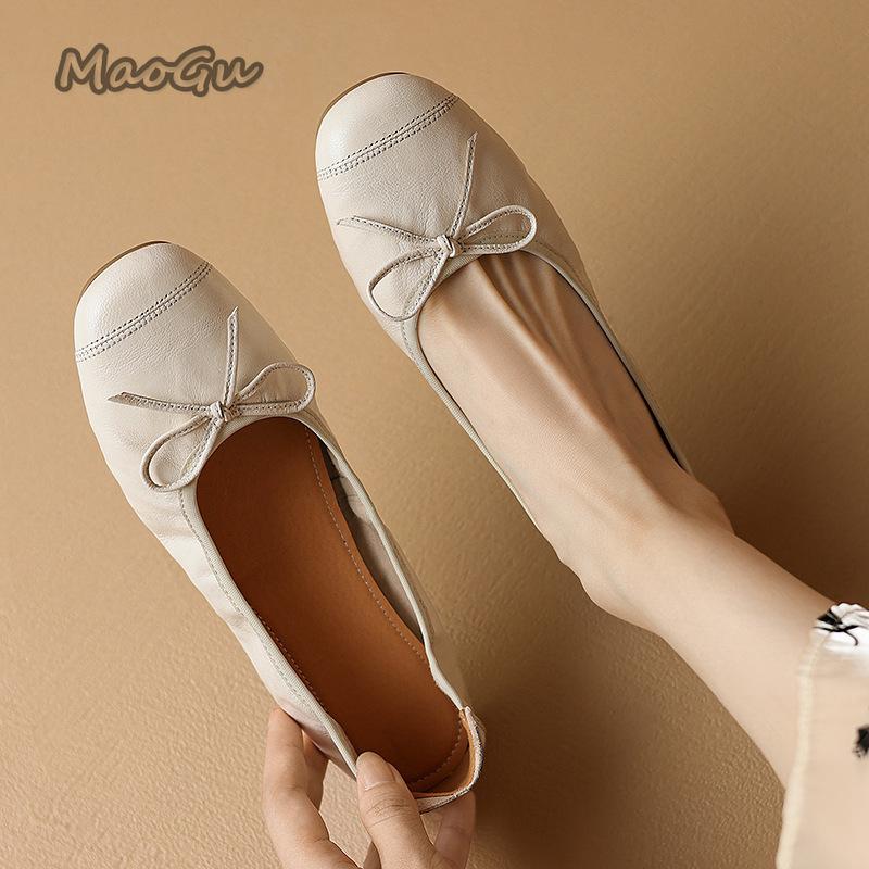 Fashion Soft Pu Leather Single Shoes for Women Shallow Bow Ballet Flats Round Toe Slip on Mid Heel Pumps Zapatos De Mujer Size 35-40