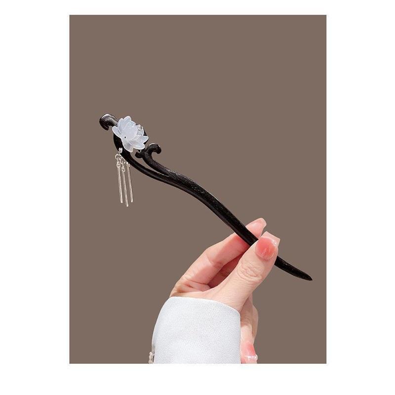 New Chinese Style Elegant Lotus Tassel Black Wood Hairpin Retro Hair Stick Back Head Updo Hair Accessory for Horse Face Skirt Daily Wear