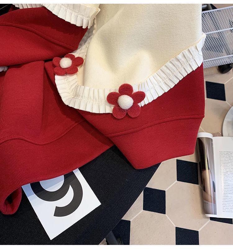 Plus Size Women's Red Fleece Lined Color Block Sweatshirt - Autumn/Winter Thick Long Sleeve Top, 300 Jin Design