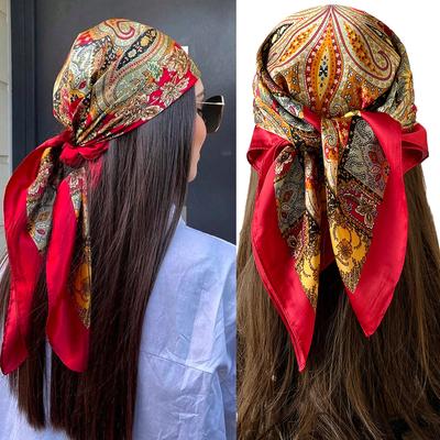 90*90cm Paisley-Print Taschentuch Weicher Satin Hijab Schal Für Frauen Bandana Kopf Haar Schals Quadratisches Haarband Hals Schals Damen