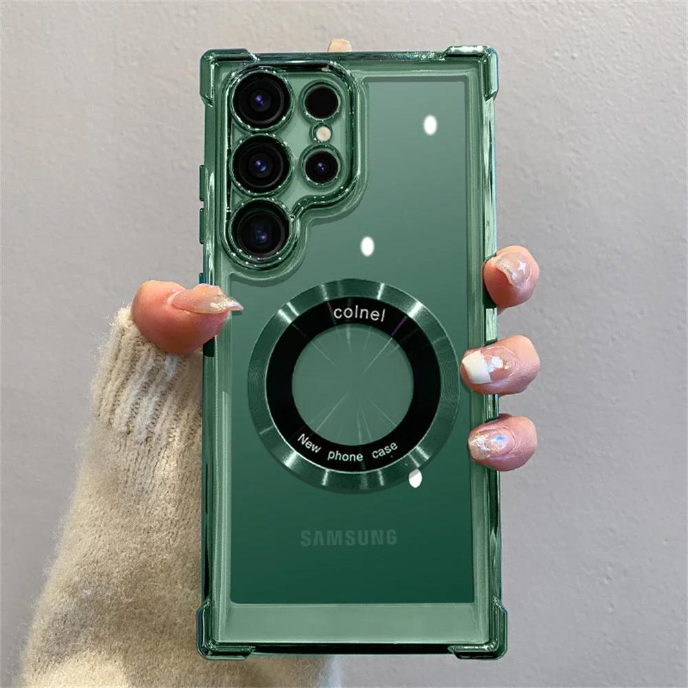 Luxusní pokovený magnetický průhledný kryt pro Samsung Galaxy S25 S24 Ultra S23 FE S22 Plus S21 Note 20 Nárazuvzdorný kryt s ochranou objektivu