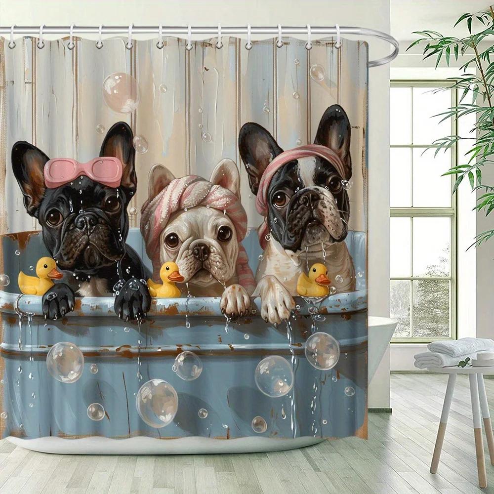 Cute French Bulldog Shower Curtain - Playful Bathing Scene, Fashion Glasses & Towels, Polyester, 12 Hooks, Whimsical Art