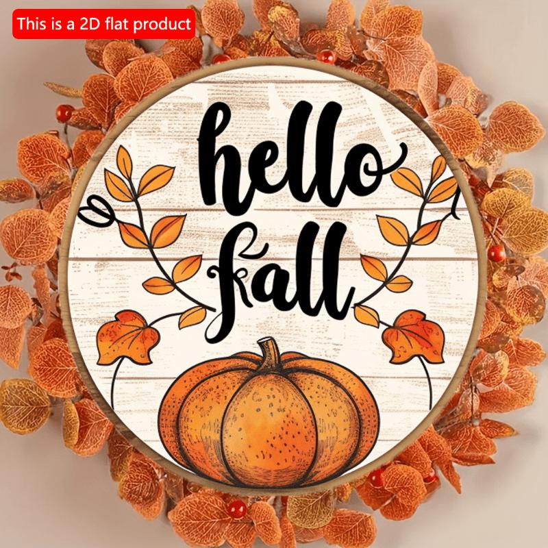 2d Flat 20*20cm, Autumn Home Decoration, "Hello Fall" Pumpkin Circular Wooden Creative Logo, for Home, Kitchen, Bar, Cafe, Garden Wall Decor.