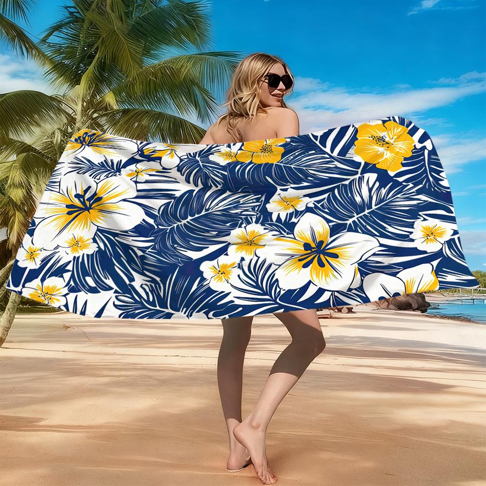 Hibiscus Floral Print Tropical Palm Foliage Navy Yellow Hawaiian Style Large Beach Towel Lightweight Swimming Vacation Towel