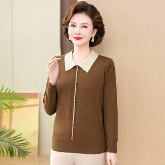 Elegant Knit Lapel Sweater for Middle-aged and Elderly Women—Long Sleeve Base Layer for Spring and Autumn