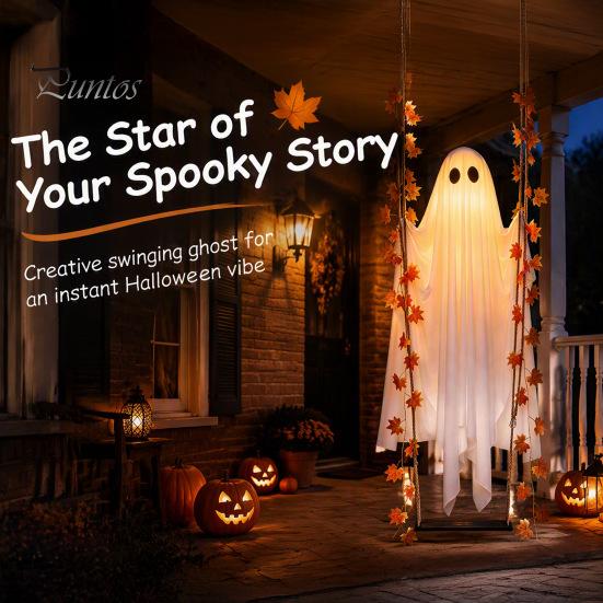 Autumn Maple Leaf Accents Hanging Swing Ghost Halloween Decoration with Leaf, Light Up Ornament Seasonal Manor Window Decor Height Adjustable
