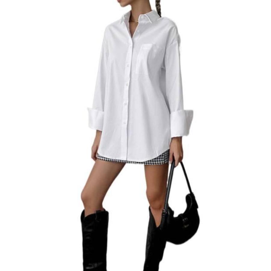 Spring and Summer Simple Loose Fit White Shirt Casual Fashion Mid-Length Top for Women