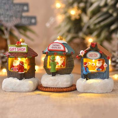Christmas Winter Village House Ornaments Mini Light-up Christmas Shop with Santa Resin Desktop Figurine Holiday Home Decor