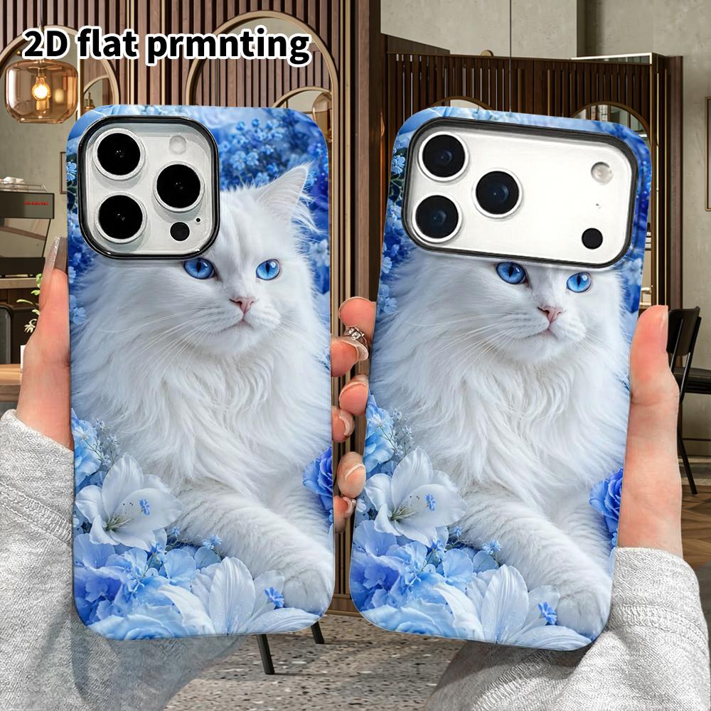 Phone Case: 2D Flat Design Suitable for iPhone 18, 17, 16, 15, 14, 13 Pro Film Protective Case, Couple Style, Blue-eyed White Cat, Christmas and Hallo