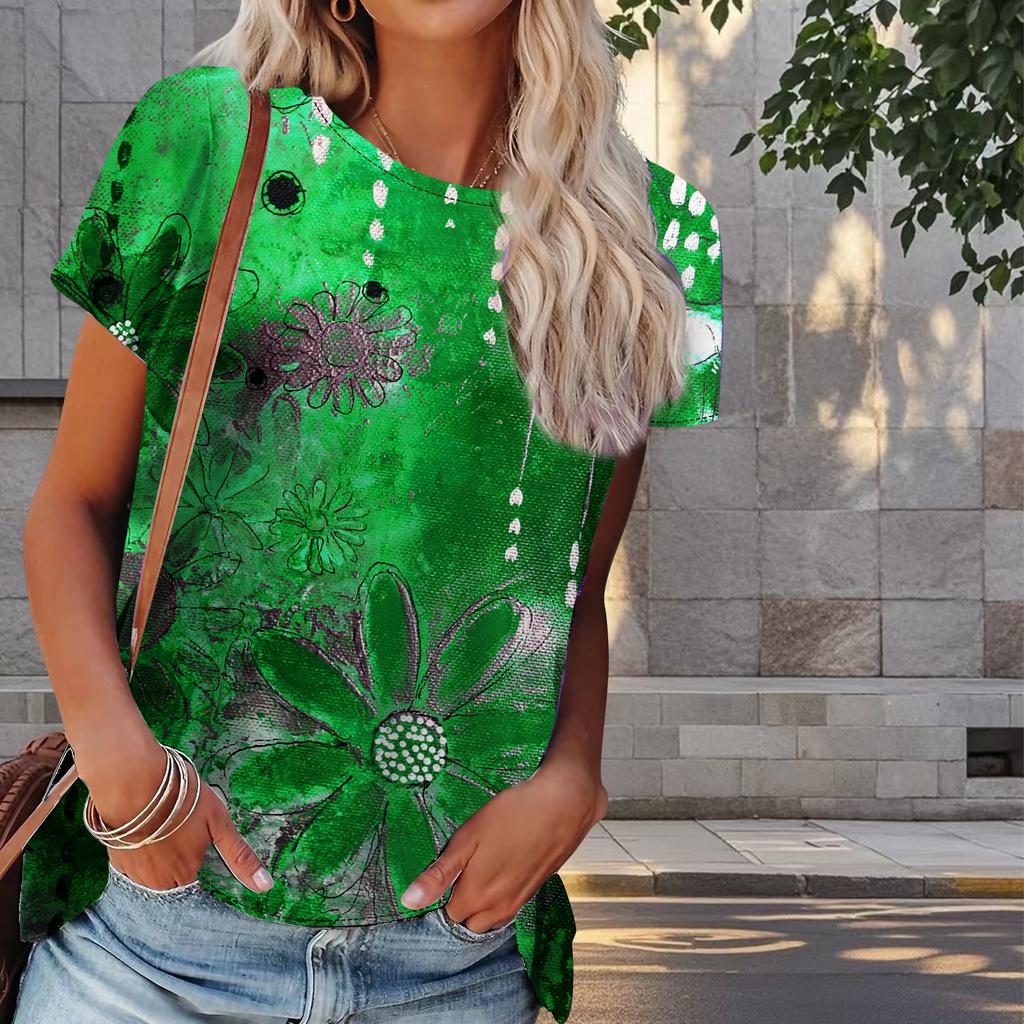 Damski Letni T-shirt z Nadrukiem Kwiatowym w Stylu Retro, z Krótkim Rękawem, Casualowe Drukowane Top