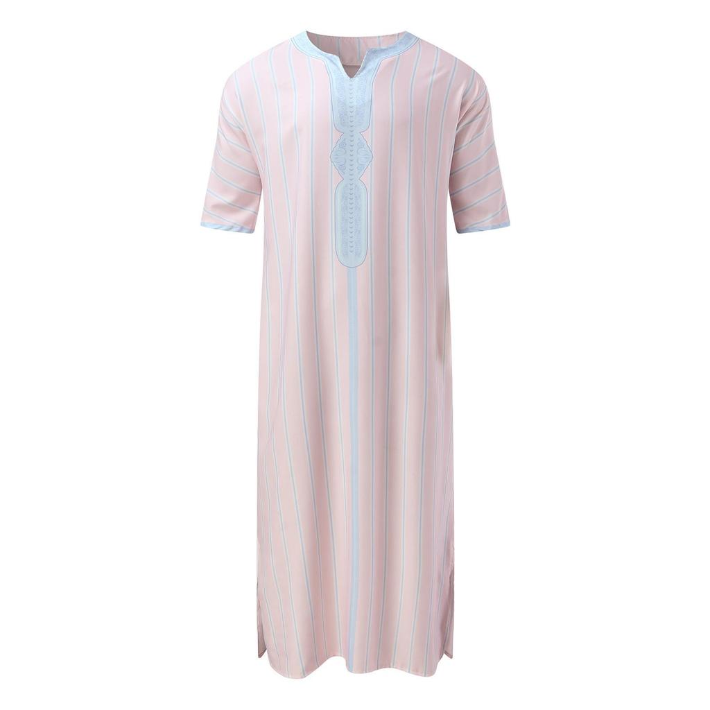 Arabische Robe für Herren, lockerer V-Ausschnitt, kurzärmelig, mit orientalischem Aufdruck, muslimische Herrenkleidung