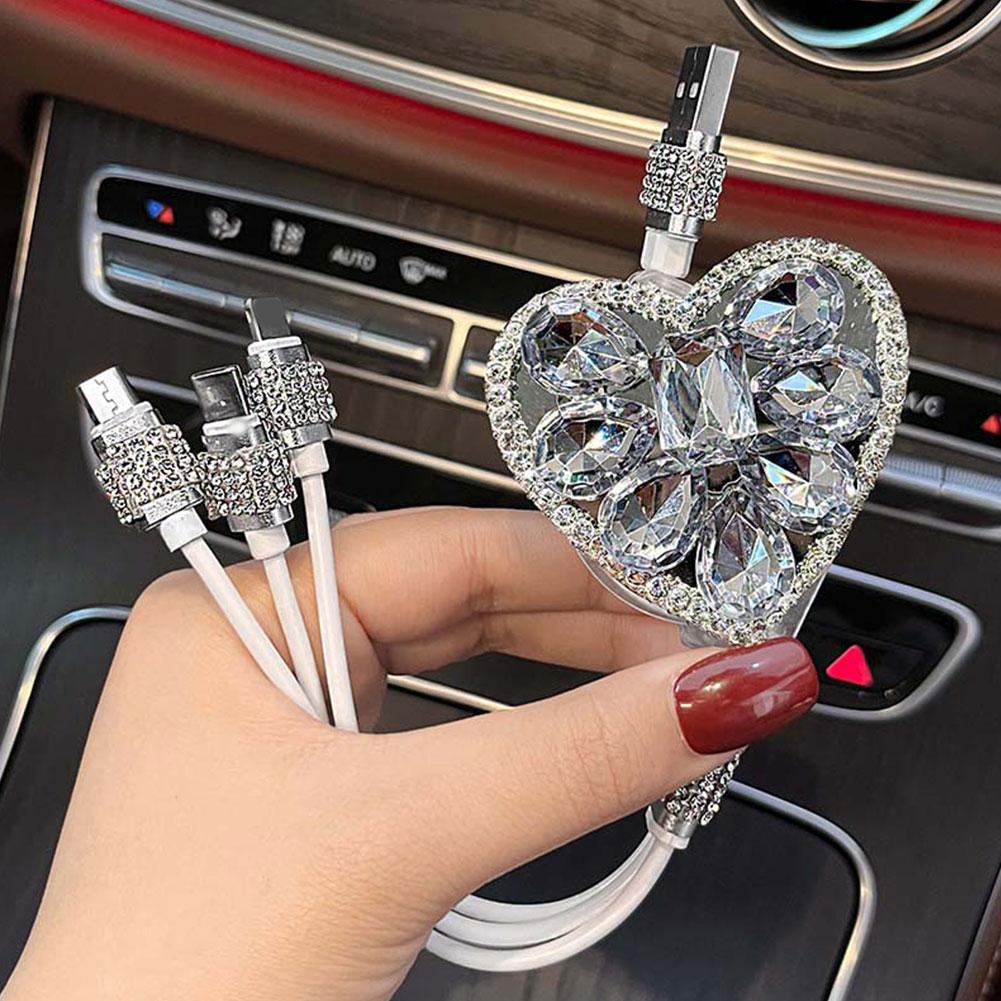 Bling Diamond Goddess Love Car Charger USB Multi Charging Cable Auto Fast Charging With 1 In 3 Type C/Micro/Port Sync Data Line