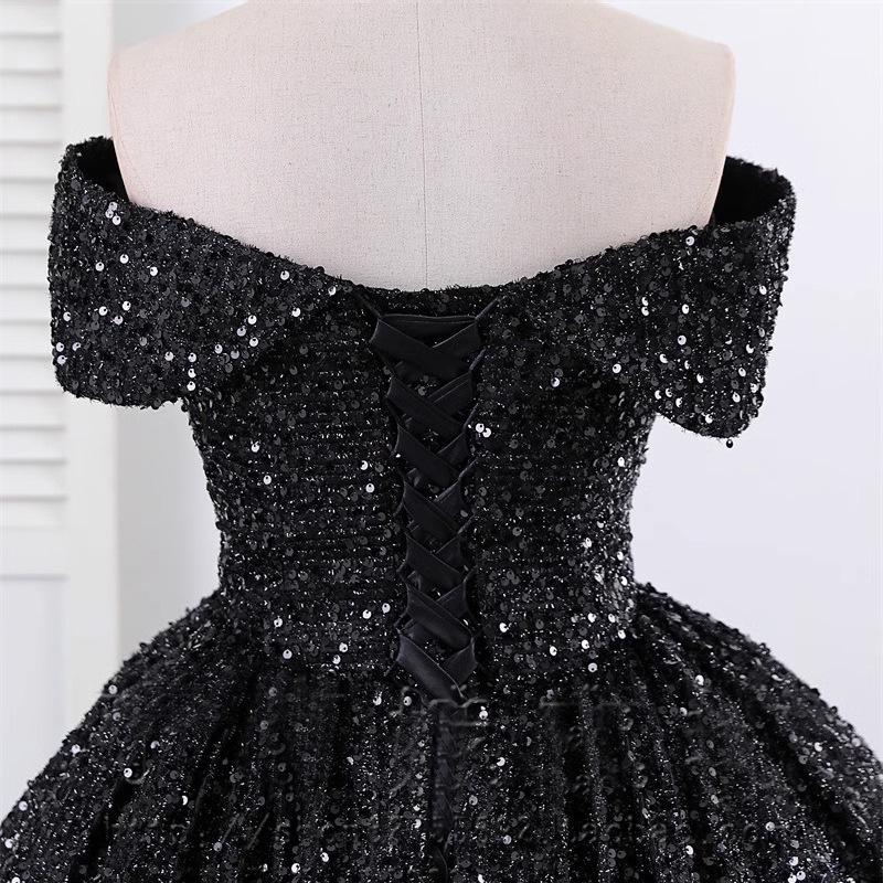 Off-the-Shoulder Sequined Evening Gown for Women: Ideal for Performances, Beauty Pageants, and Gala Events with Puffy Long Skirt.
