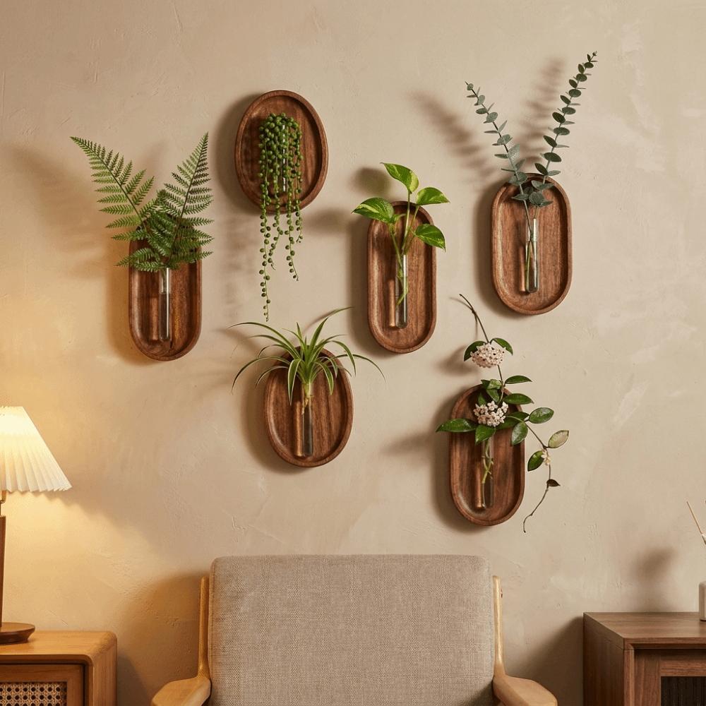 Space Saving Wall Mounted Vase Solid Wood Oval Tube Wall Vase Plant Container DIY Plant