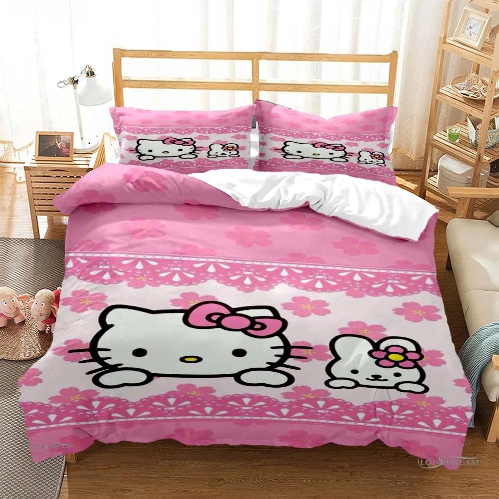Hello Kitty Cartoon Cute Comforter Duvet Cover Bedding Sets Soft Quilt Cover Pillowcases Single/Double/Queen/King Size